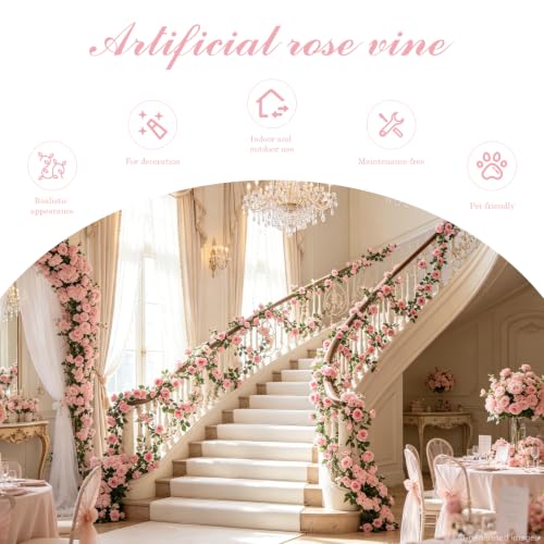 Dallisten 2 Strands 73'' Artificial Silk Rose Flower Vines Garland, Fake Pink Roses Floral Green Leaves Hanging Plant for Wedding Arrangement Decoration, Wall, Party, Bedroom, Home Decor (Pink) - color: Pink
