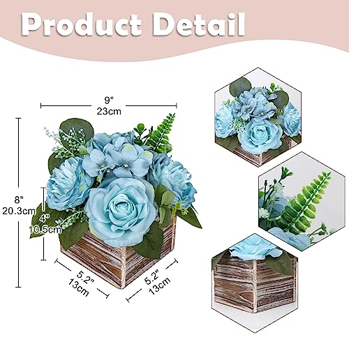 DILATATA Flower Arrangement with Wooden Vase 8" Artificial Flowers in Pot - Fake Flowers Roses Peonies Hydrangeas in Wooden Vase Potted Flower Centerpieces for Table Decor Living Room - Dusty Blue - color: 8"h Dusty Blue
