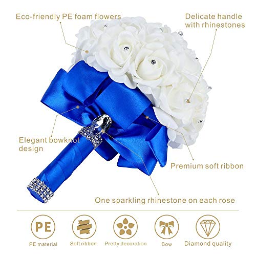 Wedding Bouquet, Handmade Blue Bridesmaid Bouquet Bridal Bouquet with Crystals Soft Ribbons, Artificial Rose Flowers for Wedding, Party and Church (Royal Blue) - color: Royal Blue