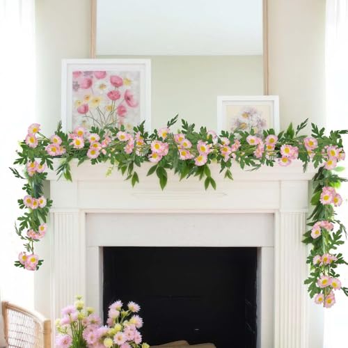 2 Pcs Wildflower Garland Spring Flowers Garland Pink Artificial Daisy Flowers and Leaves Faux Floral Vine for Mantle Baby Shower Wedding Arch Front Door Porch Staircase Summer Decor - color: Pink