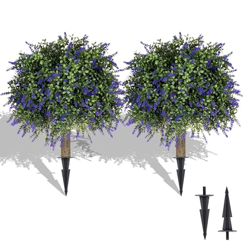 Artificial Lavender Topiary Ball Trees, 2 Pcs 23.6" Faux Lavender Bushes with 4 Ground Spikes, Fake Evergreen Plants for Home, Garden, Yard, Patio, Front Porch Decor