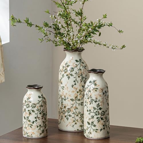 Ceramic Flower Vases Set of 3 | Green Rustic Farmhouse Vase Set for Home Decor, Vintage Floral Decorative Vase for Living Room & Kitchen, Mantel & Bookshelf, Centerpieces, Entryway(5.9+7.9+9.9Inch) - color: 05-green and Beige-set of 3