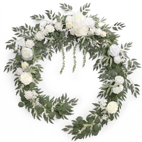 Ling's moment 9FT Spring Flower Garland for Backdrop Decorations - Wedding Arch Flowers, Eucalyptus & Rose, Artificial Floral Garland for Mantel - Sweetheart Table Decor for Reception, White & Sage - color: Wht-sage Green