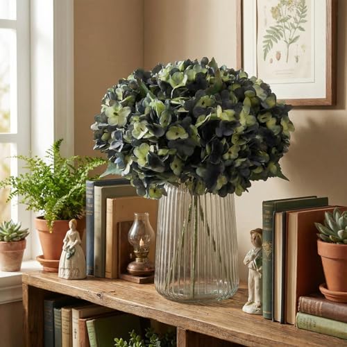 5Pcs Artificial Fake Flowers Plants Silk Hydrangea 1 Flower Head Arrangements Wedding Bouquets Decorations Plastic Floral Table Centerpieces Home Kitchen Garden (Bluish Green) - color: Bluish Green