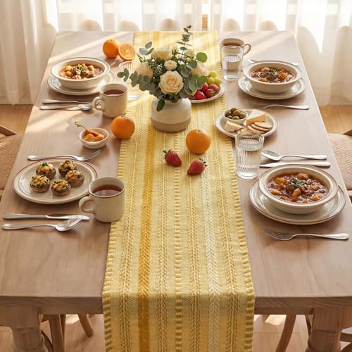 Artoid Mode Yellow Farmhouse Woven Table Runner, Seasonal Holiday Rustic Kitchen Dining Table Decoration for Home Party Decor 12x72 Inch - color: Yellow, size: 12" x 72", Table Runner