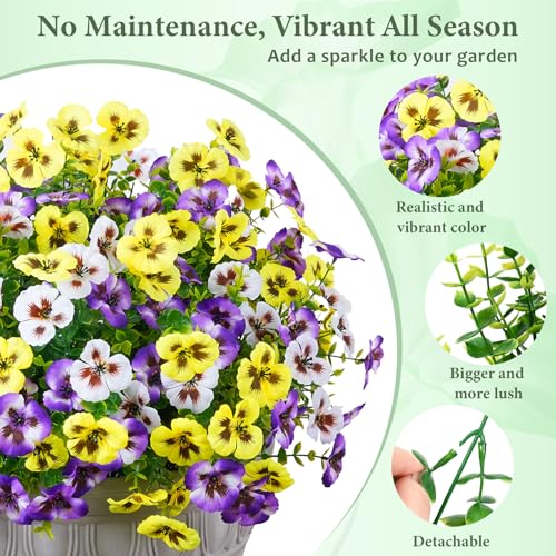 MARTINE MALL 18 Bundles Look Real Artificial Flowers for Outdoors, Realistic Fake Outdoor Flowers, UV Resistant Silk Pansy Flowers for Outside Faux Flower Plants for Outdoor Porch Garden, Mixed Colors - color: Yellow+white+purple, size: 18 Bundles
