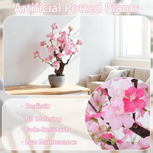 TOARTi Artificial Pink Cherry Blossom Potted Plant with Stone Pot, 18" Tall Fake Flowers Faux Plants Desk Plant, Realistic Plants Home Indoor Decor for for Home Bedroom Bathroom Office Desk - color: Pink Cherry Blossoms 18''
