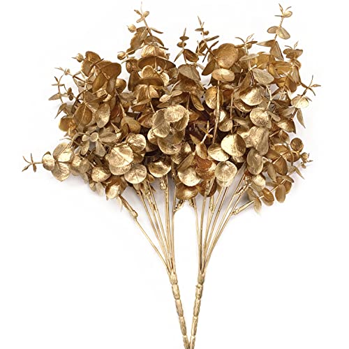 Artificial Gold Plants Decorations, Fake Plastic Golden Eucalyptus Shrubs Faux Simulation Foliage for Christmas Wedding Party Indoor Hotel Hall Home Table Centerpieces DIY Decor Planting Filler 2 Pack - color: Gold Eucalyptus -2 Pcs