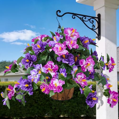 INXUGAO Artificial Flowers for Outdoors Indoors,3 Bunches Fake Hibiscus with Hanging Basket Realistic UV Resistant Silk Flower Leaves,Faux Plant for Outside Home Patio Garden Poch(Purple,Fuchsia) - color: Hibiscus T-3 Bunches Dk. Purple & Lt. Purple & Fuc