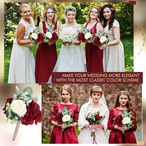 Artificial Flowers Bridesmaid Bouquets - Set of 4 Bridesmaid Bouquet Burgundy White Handmade Silk Floral Bouquet for Wedding Ceremony Anniversary, Bridal Shower, Home Table Decorations - color: Burgundy & White, size: 4pcs Bouquets