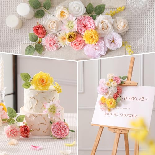 Kisflower Flowers Artificial Combo Cake Flowers Decorations Fake for DIY Wedding Bridal Bouquet Centerpieces Arrangements (Pink Yellow) - color: Pink Yellow