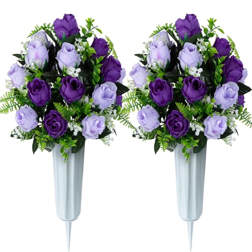 XONOR Artificial Cemetery Flowers for Grave Decorations, Artificial Memorial Roses Flowers Bouquet with Vase for Cemetery Headstones Decoration, 2 Sets (Dark Purple&Light Purple) - color: Dark Purple&light Purple