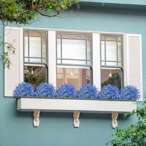 Outdoor Artificial Flowers 21 UV Resistant Bundles Fake Flower Plastic Plants Faux Silk Flowers Porch Hanging Garden Porch Window Box Decorating (Blue) - color: Blue