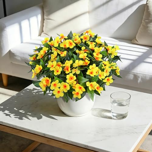 Roberly 6 Bundles Artificial Flowers for Outdoors, Faux Silk Catharanthus Roseus Flowers Bouquet Fake Greenery Plant for Spring Summer Garden Patio Porch Window Box Table Home Decor, Yellow - color: Yellow
