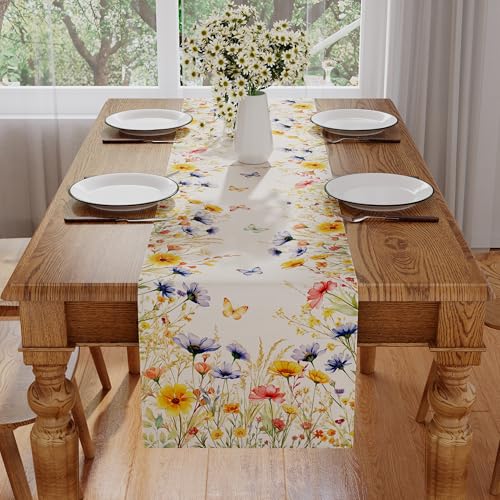 Sprin Table Runner, Colorful Wild Flower Butterfly Floral Spring Runner for Table Watercolor Seasonal Summer Holiday Home Party Decor Kitchen Dining Table Decorations 13x108 Inch - size: 13'' x 108''