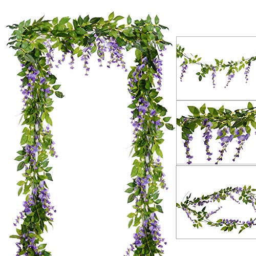DearHouse 4Pcs 6.6Ft/Piece Artificial Flowers Silk Wisteria Garland Artificial Wisteria Vine Rattan Silk Hanging Flower for Home Garden Outdoor Ceremony Wedding Arch Floral Decor(Light Purple) - color: Light Purple