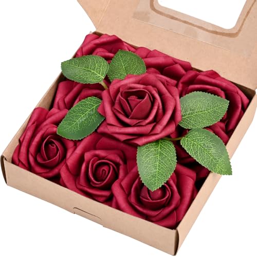9 Pcs Artificial Flowers Fake Rose with Stems - Burgundy Real Touch Foam Roses for DIY Wedding Bouquet Bridal Shower Cake Toppers Centerpiece Table Valentines Day Supplies Decorations - color: Burgundy, size: 9Pcs