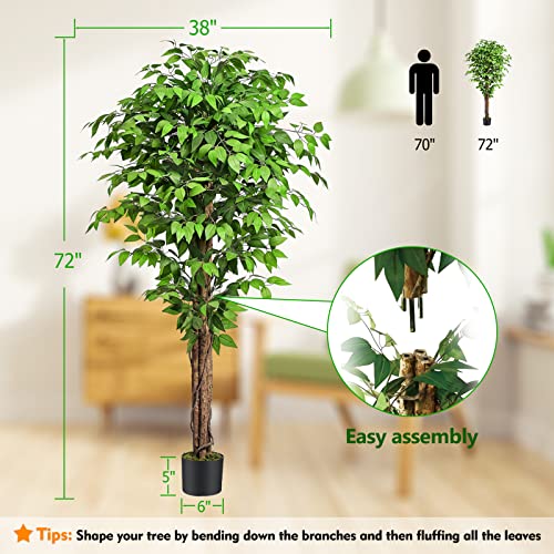 6.2ft Ficus Artificial Trees with 3 Natural Curved Trunks, 74" Tall Lush Faux Tree for Home Decor Indoor, Green Lifelike Fake Ficus Tree Artificial Plants - size: 6ft 2in