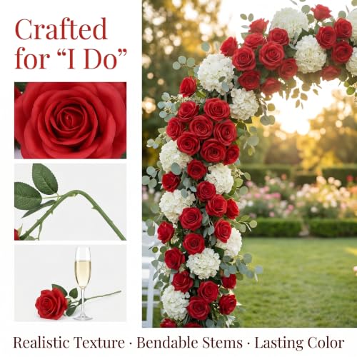 52pcs Red Roses Artificial Flowers Red Fake Flowers Silk Roses with Stems for DIY Wedding Bouquets Bridal Shower Centerpieces Arrangements Party Decorations - color: Red
