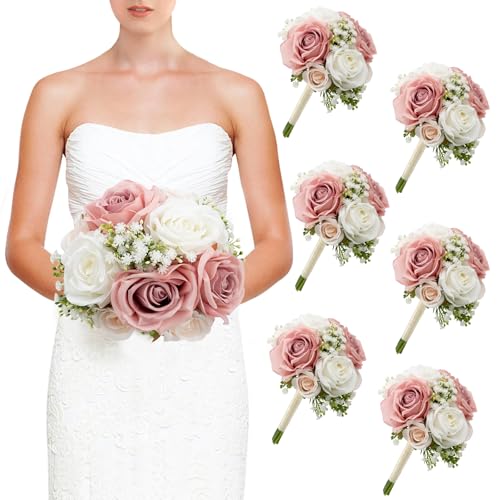 Wedding Bridesmaid Bouquets Set of 6, Artificial Silk Flowers Arrangement for Ceremony Marriage Proposal Party Anniversary Decorations - Dusty Pink & White - color: Dusty Pink & White, size: Set of 6 Bouquets