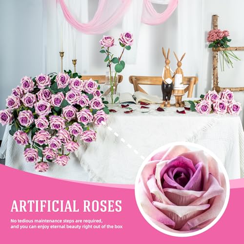 Ttranewsoo Fake Roses Faux Flowers Silk Roses Artificial Roses with Stems Realistic Artificial Flowers 24PCS Suitable for Indoor Home Decoration DIY Bouquet Wedding Decor Party Decor (Purple) 16.5In - color: Purple 24pcs
