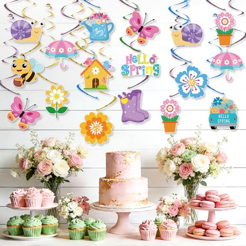 24Pcs Spring Hanging Decorations, Flower Butterfly Ceiling Hanging Swirls Cutouts, Spring Hanging Swirls for Home Office Classroom Spring Birthday Party Ceiling Decoration - color: Pink