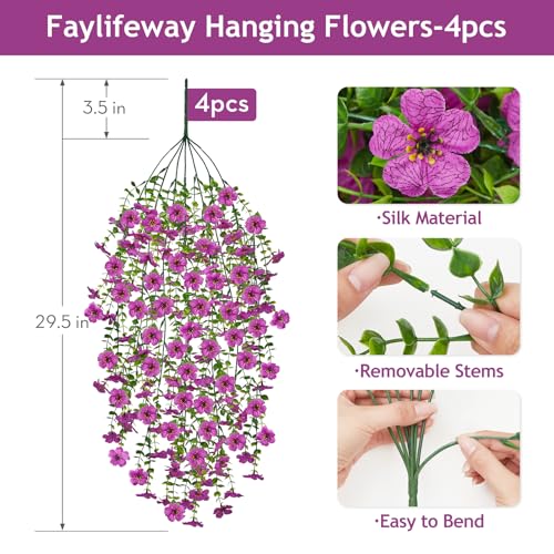 Artificial Hanging Flowers for Outdoors Spring Summer Decoration, 4PCS UV Resistant Silk Fake Hanging Plants for Patio Porch Front Yard Window Garden Indoor Decor(Purple,4PCS) - color: Purple, size: 4PCS