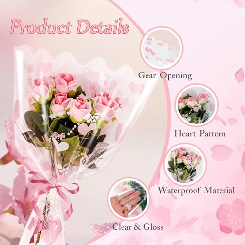 XABMU Pink Heart Flower Bouquet Bags, 100 Pack Clear Floral Wrapping Sleeves, for Valentine's Day, Wedding, Mother’s Day Gifting & Florist Supplies - color: Clear-Pink Heart, size: 1 count (Pack of 100)