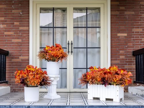 Green Moon 24PCS Artificial Fall Flowers, Faux Maples & Mums for Outdoor | UV Resistant Artificial Flowers for Outdoors Garden Patio Porch, Thanksgiving Autumn Decor Fall Decorations for Home - color: Orange Red Maple