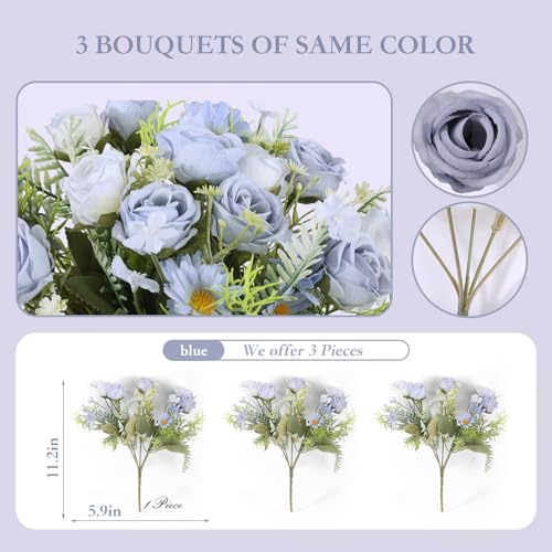 3 Pack Artificial Flowers Bouquet Fake Flowers Plants Blue Faux Flower Arrangements for Wedding Home Centerpieces Decor - color: Blue