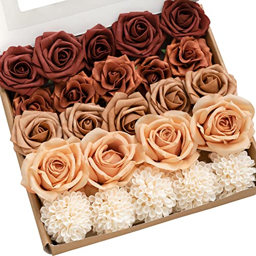 Ling's moment Artificial Flowers Fake Silk Roses Faux Foam Dahlia Combo for DIY Wedding Bouquets Centerpieces Arrangements Bridal Shower Party Home Decorations, Amber & French Orange, 24pcs - color: Or-amber & French Orange
