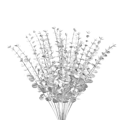 ABAJI Eucalyptus Stems 12 PCS Fake Faux Decorations with Artificial Leaves Grey Greenery Plant Leaf Suitable for Home Office House Table Desk Decor Wedding Party Vase Forever Live (Silvery) - color: Silvery