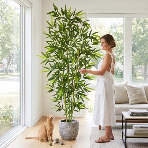 Warmplants 7ft Artificial Bamboo Tree, 84” Tall Fake Bamboo Plant with White Planter, Faux Trees with 5 Trunks for Indoor Outdoor Home Garden Livingroom Office Décor - color: Bamboo, size: 7ft