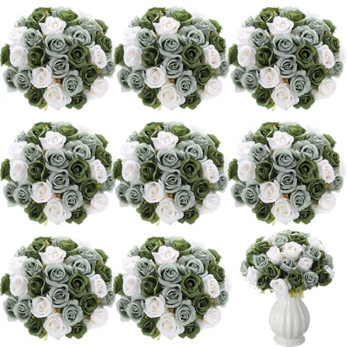 Hoteam 72 Heads White Green Artificial Rose Flowers 6 Bouquet Wedding Decoration Faux Flower Arrangement Bouquet with Stem Bridal Shower Gift Floral Centerpiece for Tables - color: White Green