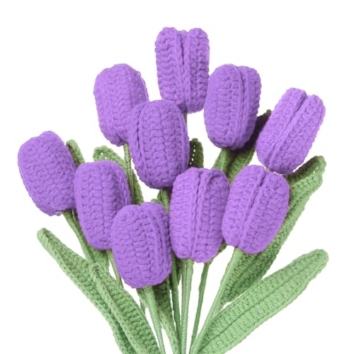 MECCANIXITY Tulip Crochet Flowers, Artificial Knitted Tulip Flower Completed Handmade Tulips Bouquet for Gift Home Birthday Wedding Decoration, Dark Purple Pack of 10 - color: Dark Purple