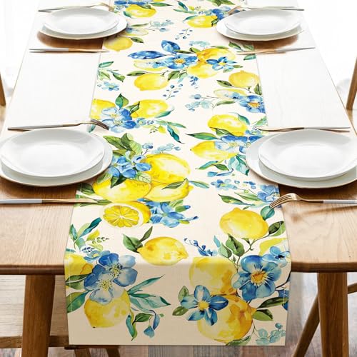 Lemon Blue Flower Dining Table Runner, Spring Summer Fruit Floral Burlap Kitchen Decoration, Seasonal Indoor Outdoor Home Decor Party Supply 13 x 72 Inches - color: Lemon Blue Flower, size: Table Runner 13''X72''