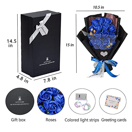 EIGHTOWN Roses Bouquet Artificial Flower - Preserved Blue Rose Flowers with Love Necklace for Her - Unique Gifts Valentine's Day, Mother's Day, Thanksgiving, Birthday, Anniversary - color: Blue Maggie