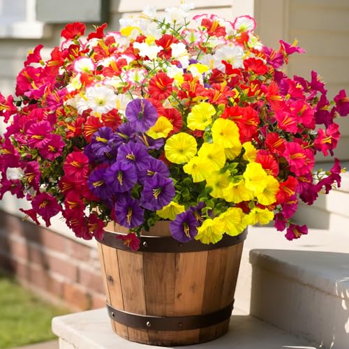 Grunyia Artificial UV Resistant Morning Glory Flowers with Eucalyptus - 16 Bundles Faux Silk Plastic Mixed Color Fake Plants for Outdoor Indoor Porch Patio Planter Yard Garden Home Decor - color: Mix(white,yelow,orange,red,purple,pink,fuchsia, Rose Red)