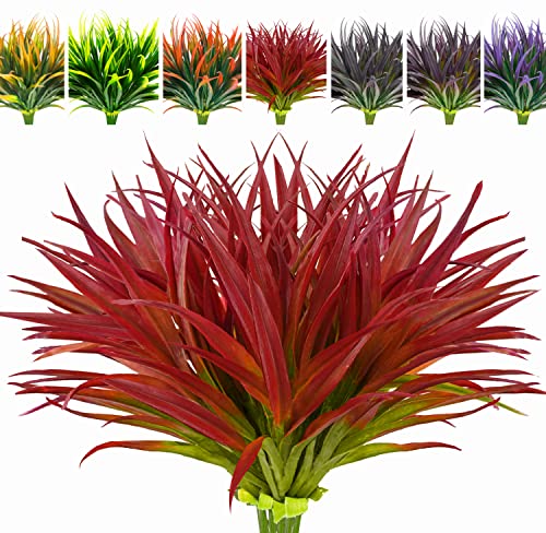 8 Pcs Outdoor Fake Plants UV Resistant Artificial Tall Grass Plants Faux Tropical Flowers Bushes Décor Fall Winter Summer Planters Patio Front Door Porch Plastic Greenery & Shrubs Decoration - color: Rose Red, size: 8pcs