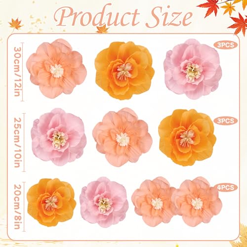 OBBOLO Crepe Paper Flowers, 10 Pcs Orange Pink Paper Flowers 12" Handcrafted Flowers for Baby Shower Wedding Birthday Backdrop Shower Party Nursery Craft Outdoor Wall Décor - color: Multi