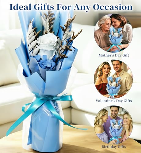 Preserved Flowers Bouquet,Flowers For Delivery,Light Blue Rose Bouquets,Birthday Flowers Gifts For Women Mom Grandma Wife Friends,Real Roses Gift From Daughter Valentine’S Day Mothers Day Anniversary - color: Light Blue, size: Rose Bouquet
