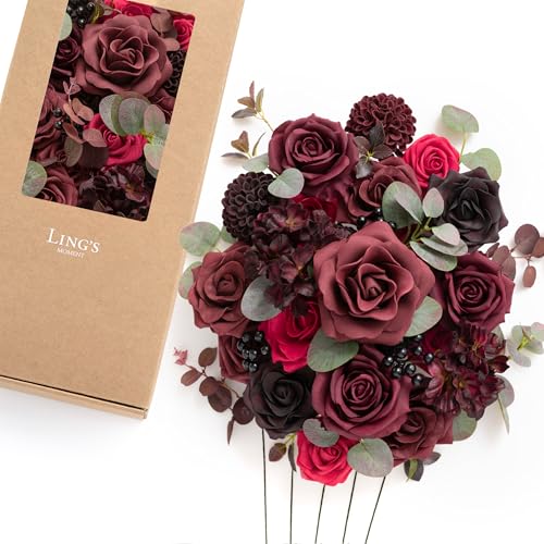 Ling's moment Artificial Wedding Flowers Combo, Fake Greenery for DIY Bouquets Centerpieces Decorations Foam Rose Hydrangea Kit with Stems for Party Home Decor, Burgundy & Black Baccara, Deluxe Combo - color: Burgundy & Black Baccara, size: Deluxe