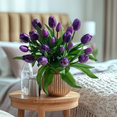 Bailikang 20PCS Fake Tulips 12' Artificial Tulip Silk Flowers Fake PU Bouquet Artificial Flowers Faux Flowers with Gift Box Soft Faux Tulips Bouquets Arrangements for Party Wedding Home - color: Light Purple