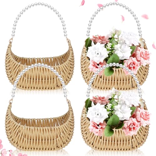 Taiyin 4 Pcs Rattan Flower Girl Basket with Pearl Handle 7 x 5 x 4 Inches Small Half Moon Wicker Basket for Wedding Flower Girl Picnic Garden Storage and Home Decor (Light Brown) - color: Light Brown