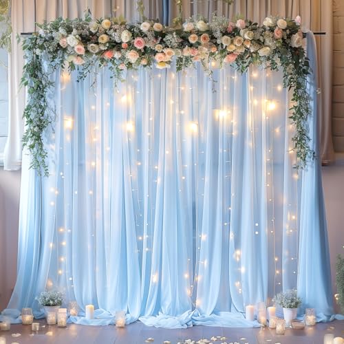 10ft x 10ft Blue Backdrop Curtain with Lights String for Parties, Sheer Tulle Wedding Photo Backdrops Drapes for Baby Shower Birthday Party Decorations Background for Photography - color: Blue, size: W5' x H10'(2 panels)