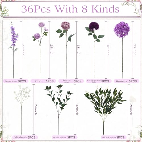 Suncalla 36 Pcs Purple Artificial Flowers Bouquet Set 8 Kind Faux Delphinium Rose Peony Chrysanthemum Hydrangea Baby's Breath Florals with Greenery Long Stem for Wedding Table Vase Decor - color: Purple