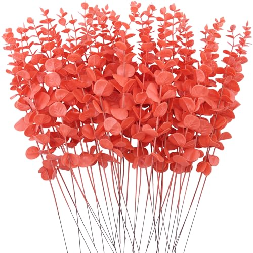 FEQO 36 Pcs Orange Eucalyptus Stems Artificial Leaves Faux Eucalyptus Stems Branches 15 inch for Wedding Bouquet Home Decor - color: Orange, size: 36 pcs