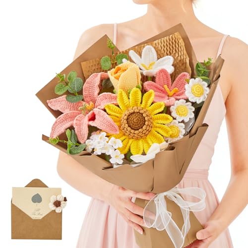 Alecono Crochet Flower Bouquet, Pink Knitted Flowers, Large Handmade Crocheted Flower for Anniversary Party for Her (Include Card) - color: Brown, Pink, Yellow, size: X-Large