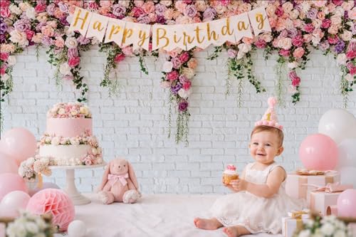 8x6ft Loral Wall Backdrop White Brick Flower Background Pink Rose Wedding Backdrop Romantic Garden Party Decoration for Bridal Shower Baby Shower Birthday Photo Booth - size: 8x6ft