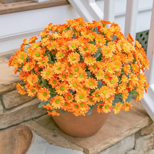 Daisy Artificial Flowers for Outdoors Decoration, 6 Bundles Fake Plants Flowers Bouquet Faux Flowers for Outdoor Planter Look Real UV Resistant Silk Flowers for Outside Front Door Porch Patio, Orange - color: Orange